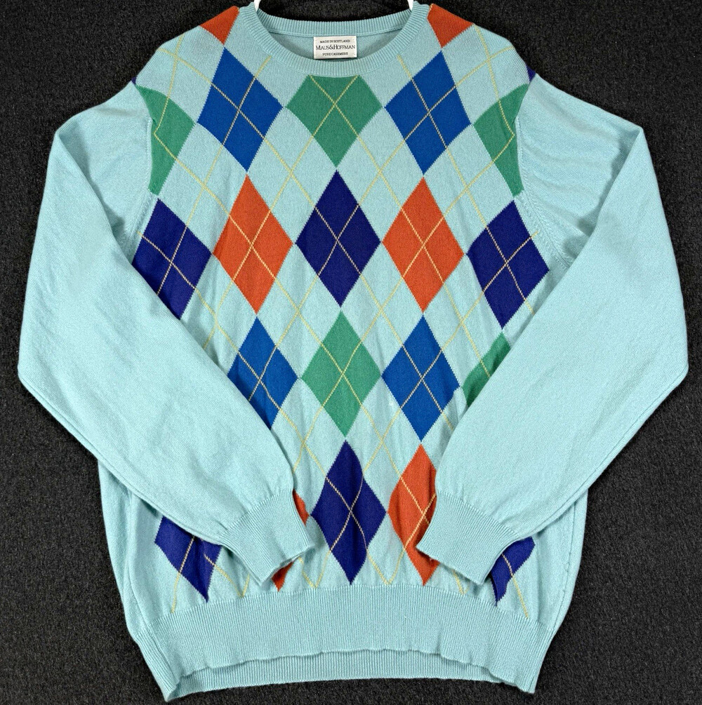 Maus & Hoffman Pure Cashmere Sweater Made Scotland Argyle Blue Multicolor M L